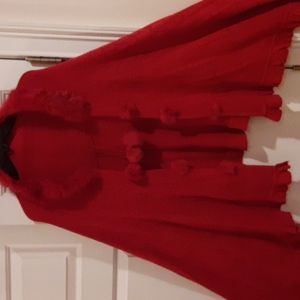 Women's,red cape, fur collar and 3 fur balls  on front - left and right side